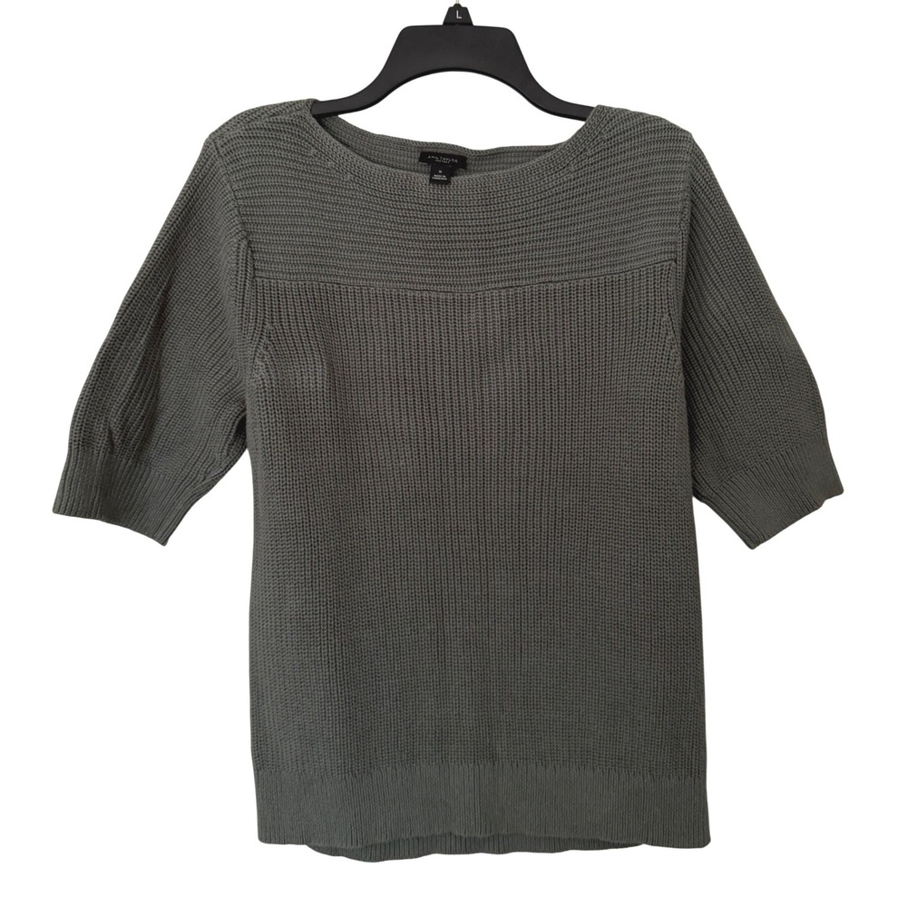 Ann Taylor Factory Women M Green Cotton Short Sleeve Shaker Knit Sweater 871920